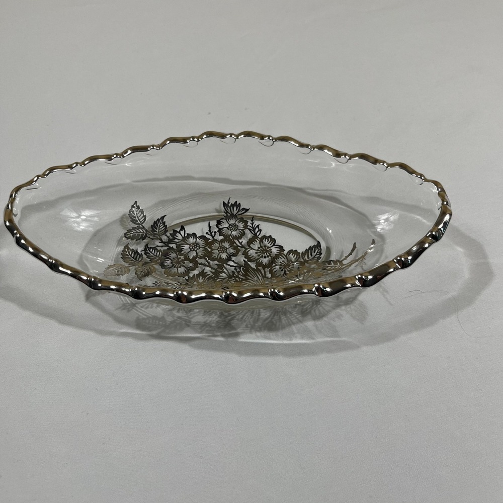 Glass Oval Dish Clear Silver Floral Overlay Scalloped Rim Vintage
